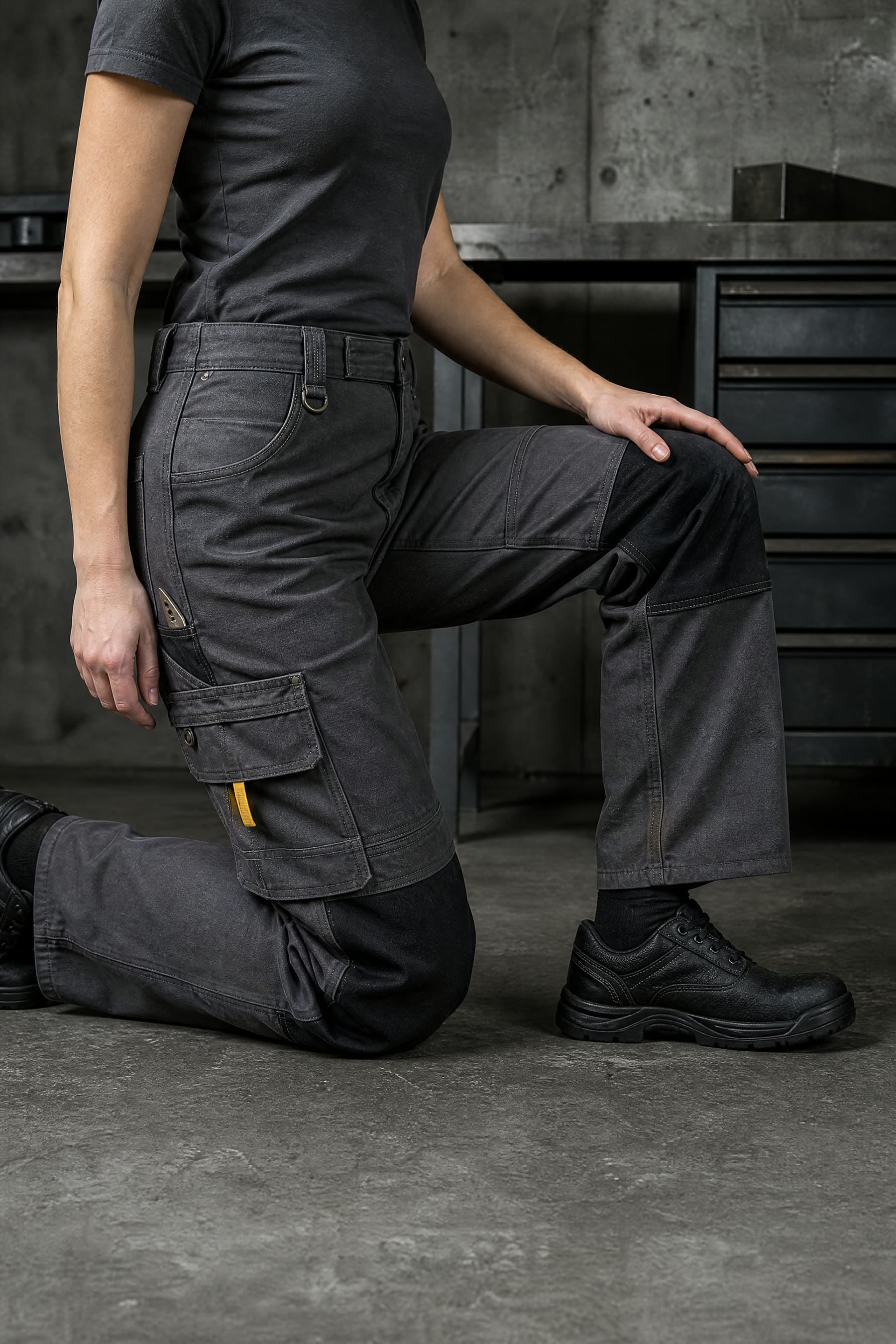 Side view of kneeling on one knee, the knee panel of the trousers folding rather than pulling tight.