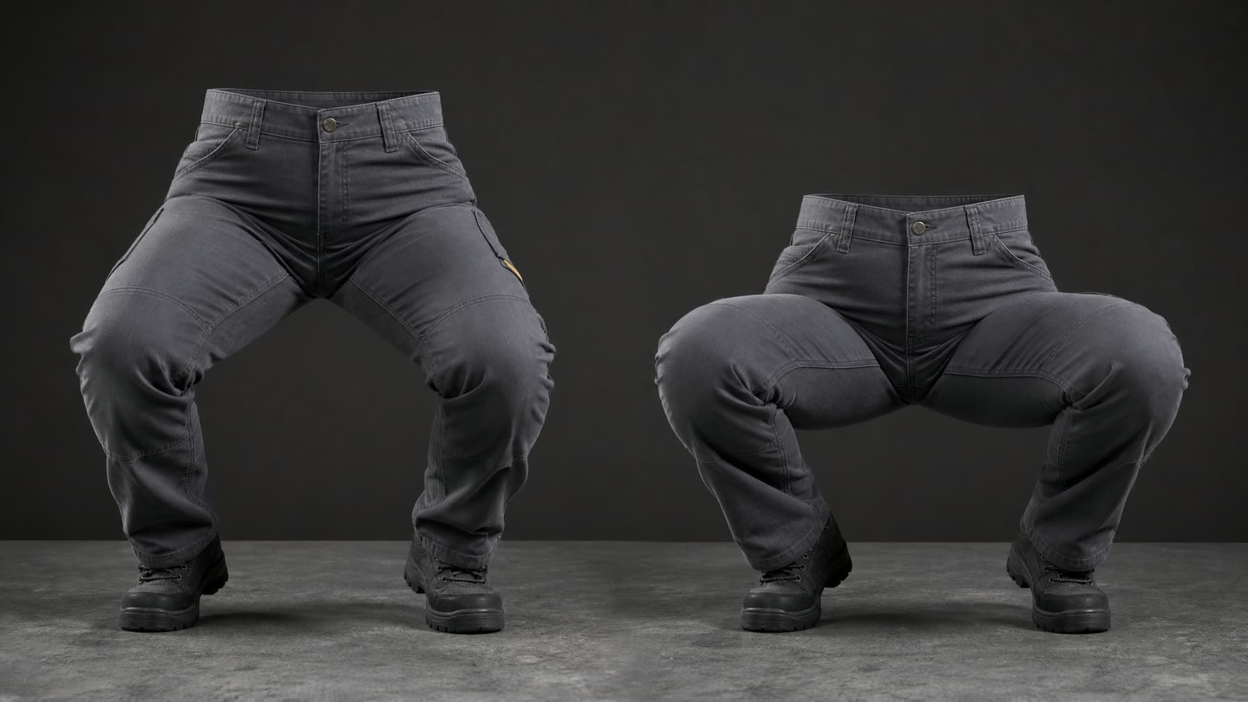 Two identical pairs of work trousers side by side in the same deep squat, one reaching noticeably lower than the other.