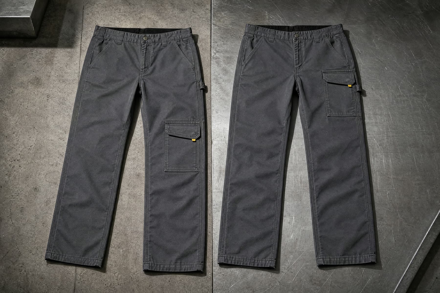 Two identical pairs of work trousers laid flat, one with the thigh pocket set low down the leg and one with it set higher toward the hip.